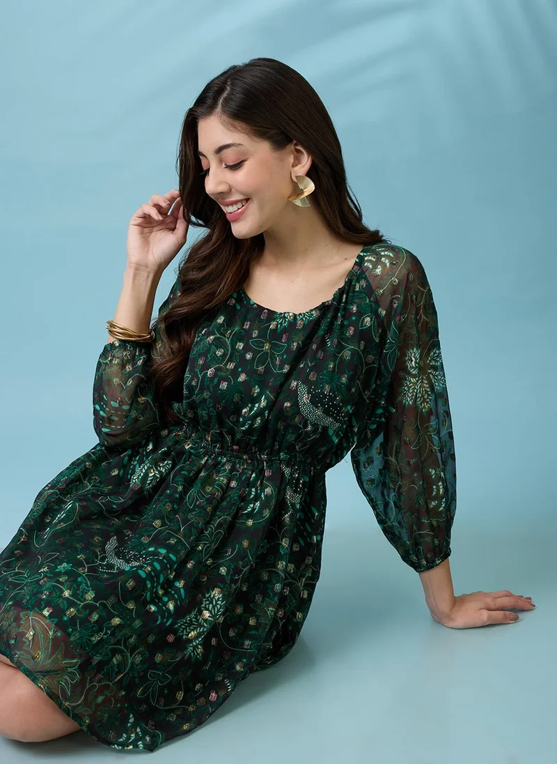 globus Globus Women Green Reglan Sleeves Stylized Back Floral Printed Lurex Detail Fit & Flare Mini Georgette Party Dress